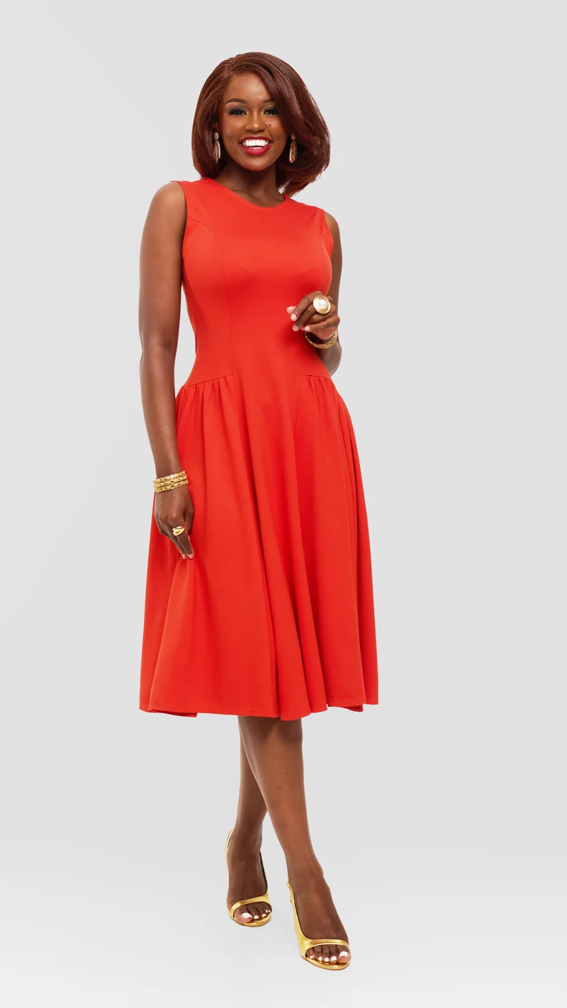 Vivo Panelled Waist Midi Dress in Ponte - Orange
