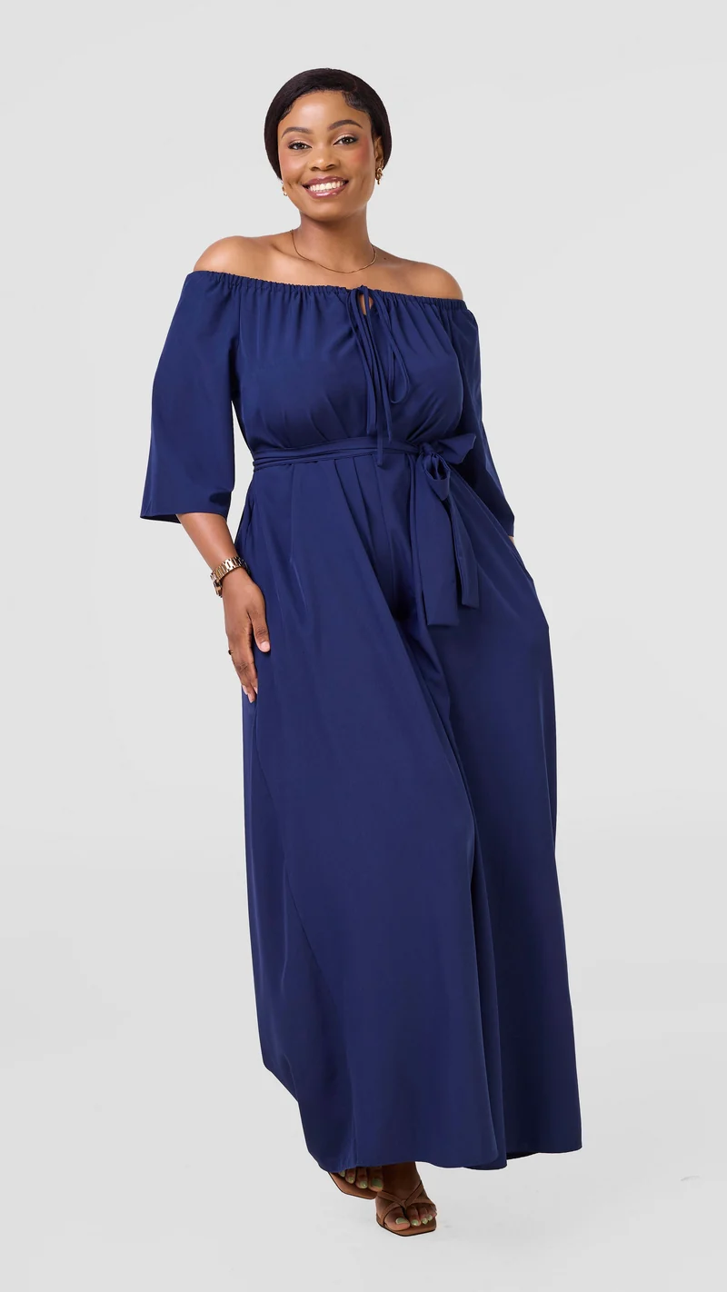 Vivo Zahari 3/4 Sleeve Off-Shoulder Jumpsuit - Navy