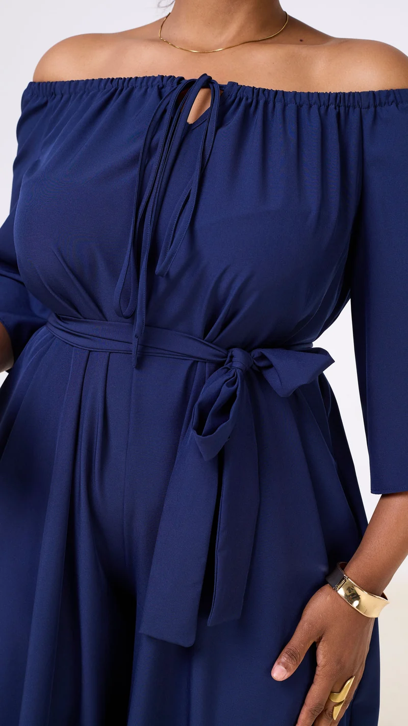 Vivo Zahari 3/4 Sleeve Off-Shoulder Jumpsuit - Navy