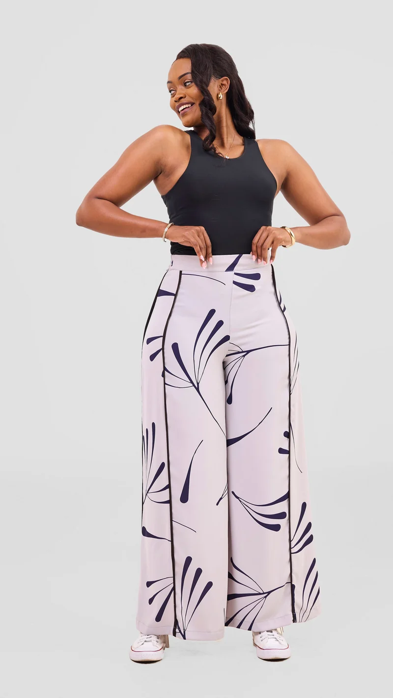 Vivo Nuru Side Panel Wide Leg Pants in Crepe - Grey / Navy Uru Print
