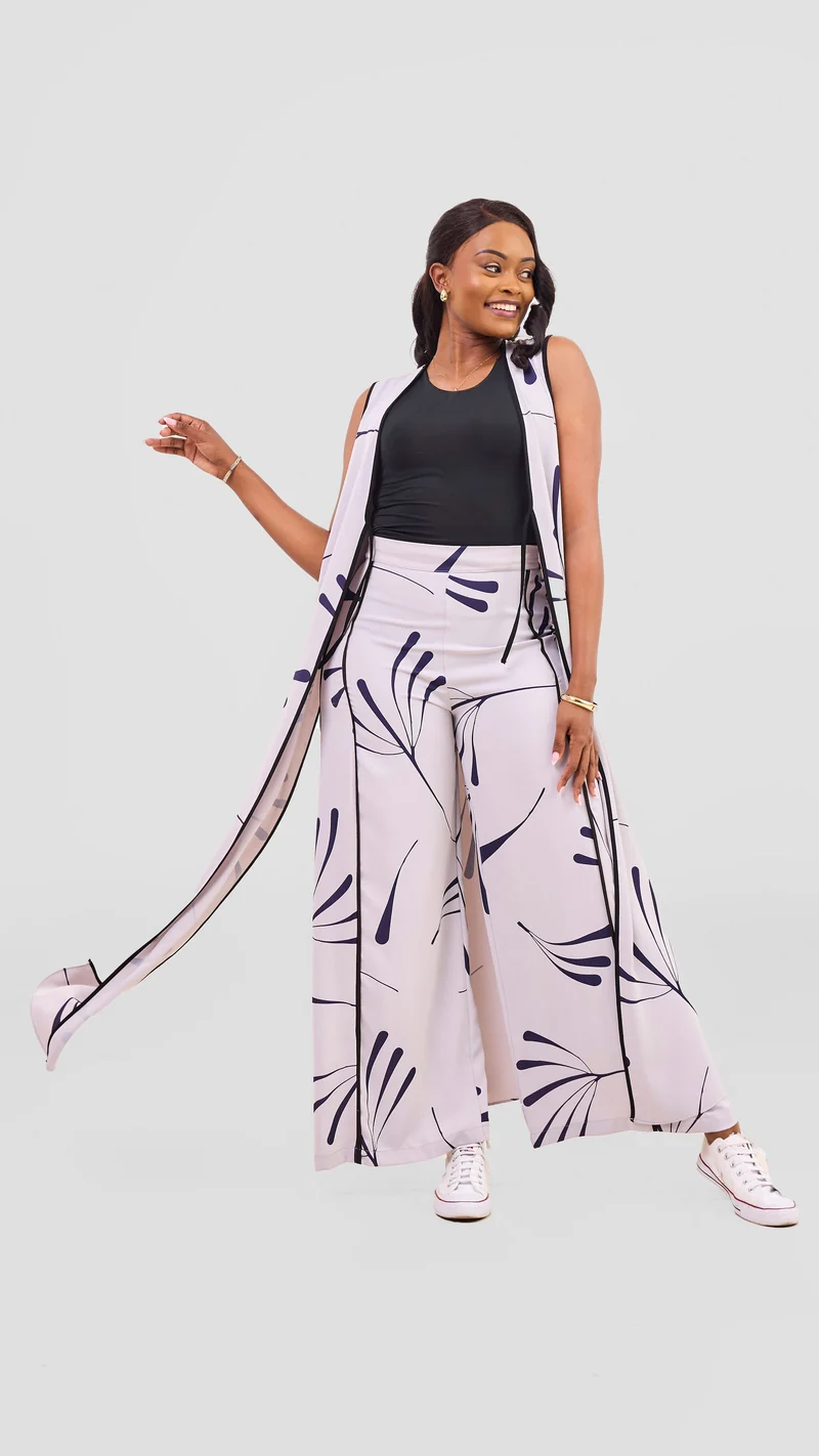 Vivo Nuru Side Panel Wide Leg Pants in Crepe - Grey / Navy Uru Print