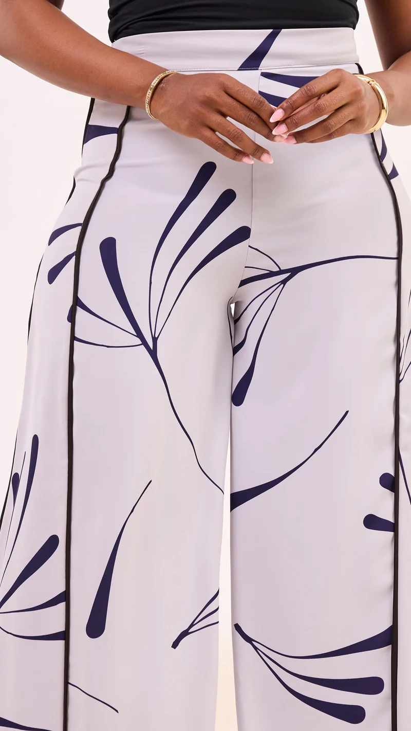 Vivo Nuru Side Panel Wide Leg Pants in Crepe - Grey / Navy Uru Print