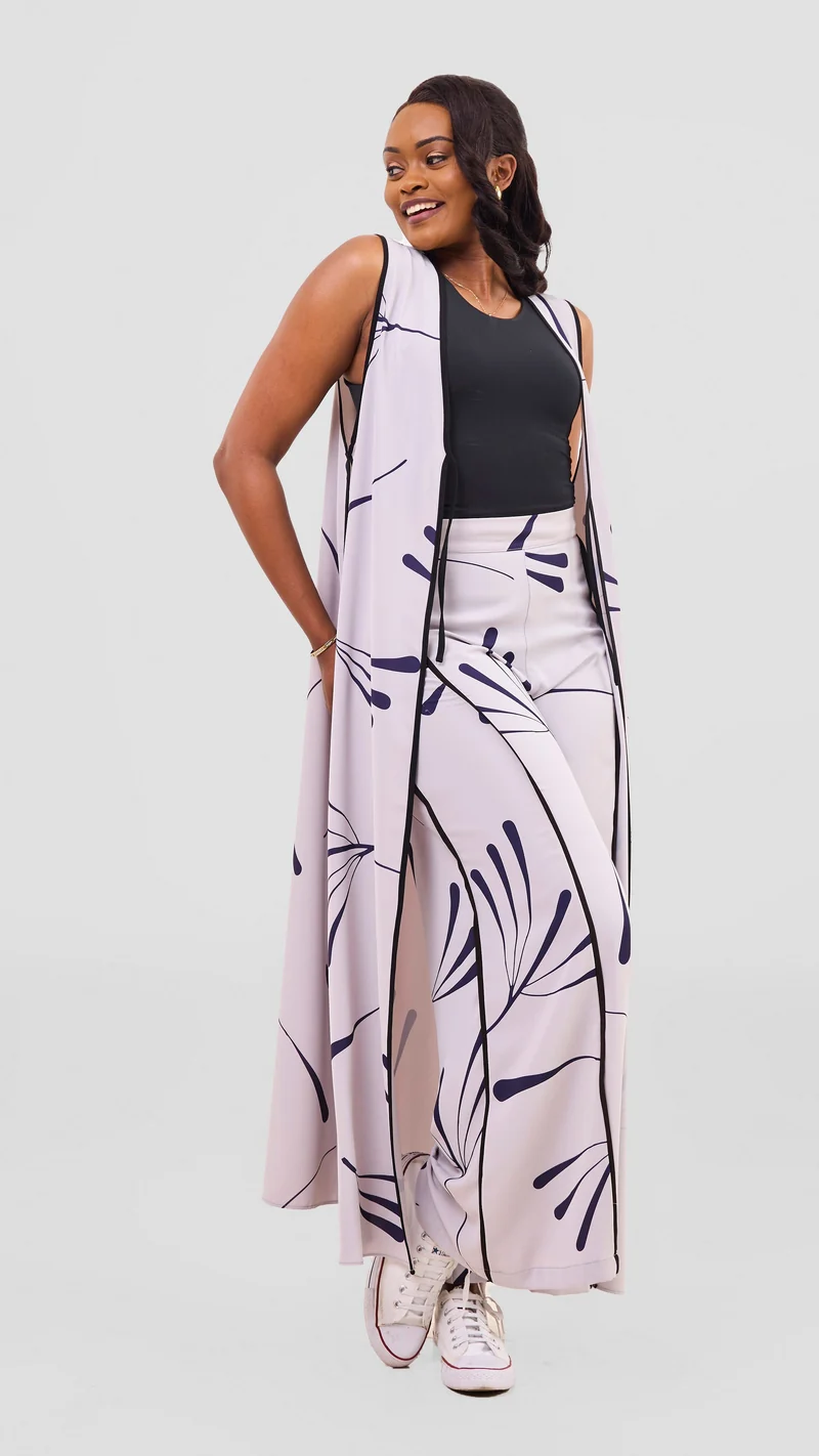 Vivo Nuru Side Panel Wide Leg Pants in Crepe - Grey / Navy Uru Print