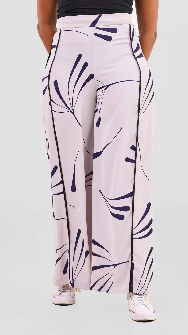 Vivo Nuru Side Panel Wide Leg Pants in Crepe - Grey / Navy Uru Print