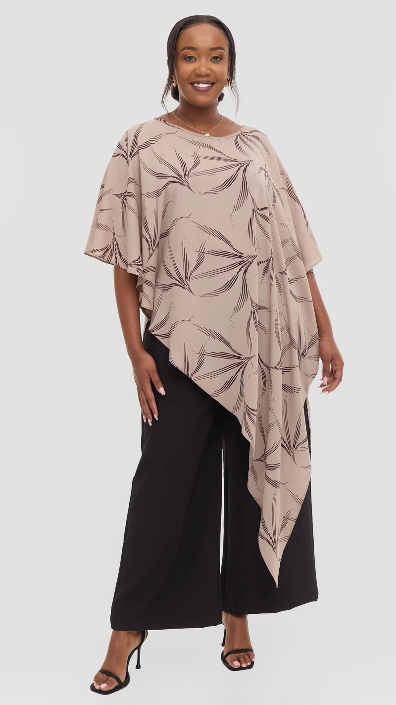 Vivo Amai Asymmetrical Cape Top in Chiffon - Dark Tan / Brown iwa Print