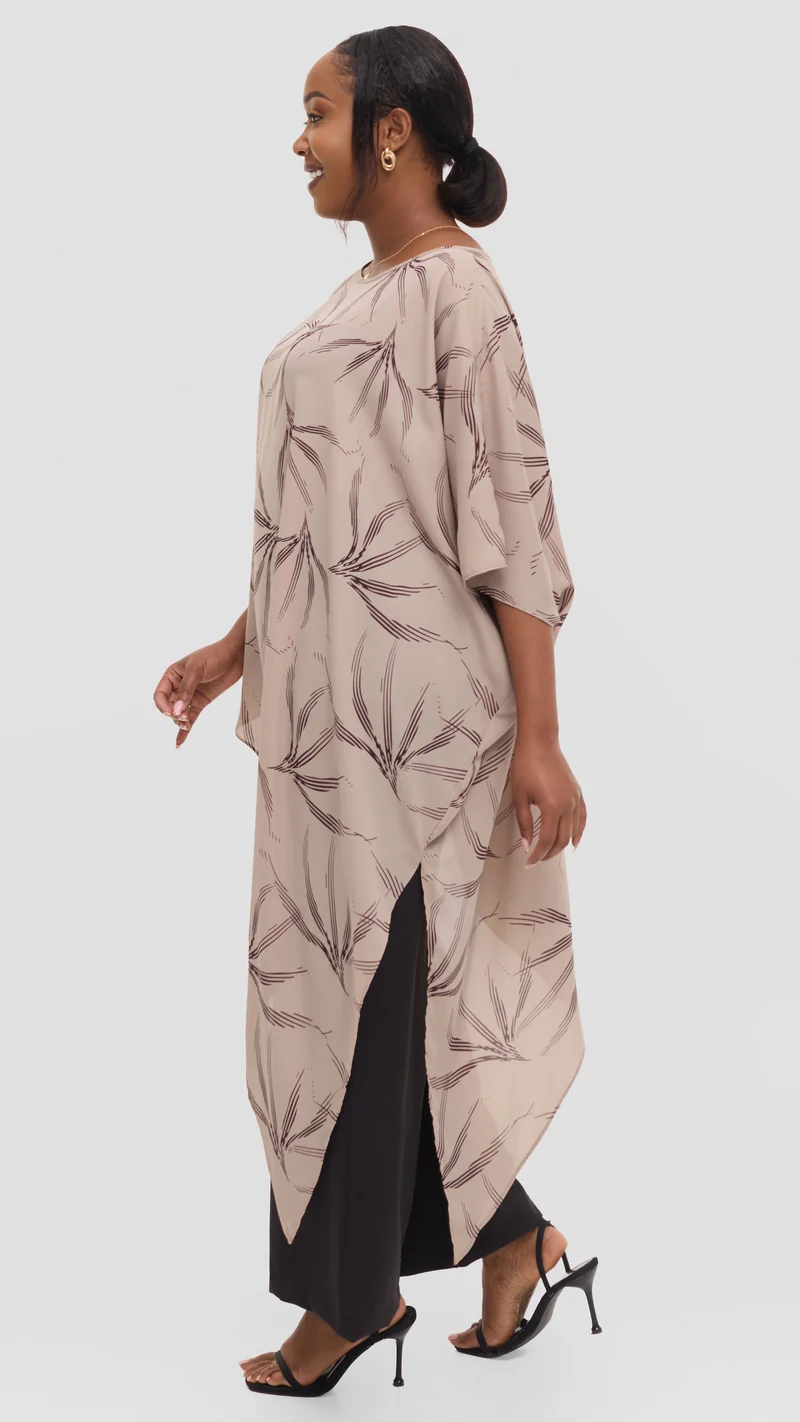 Vivo Amai Asymmetrical Cape Top in Chiffon - Dark Tan / Brown iwa Print