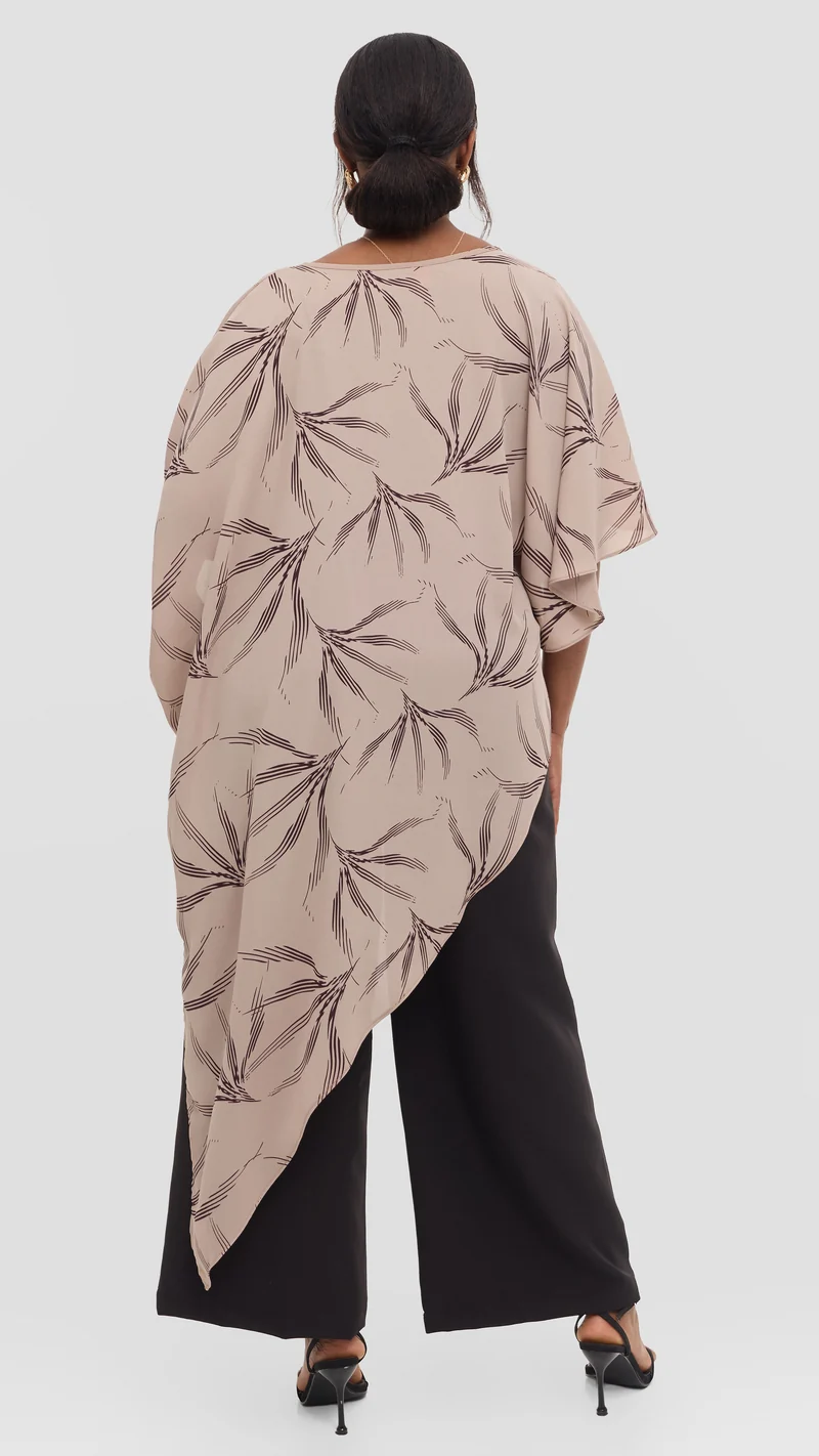 Vivo Amai Asymmetrical Cape Top in Chiffon - Dark Tan / Brown iwa Print