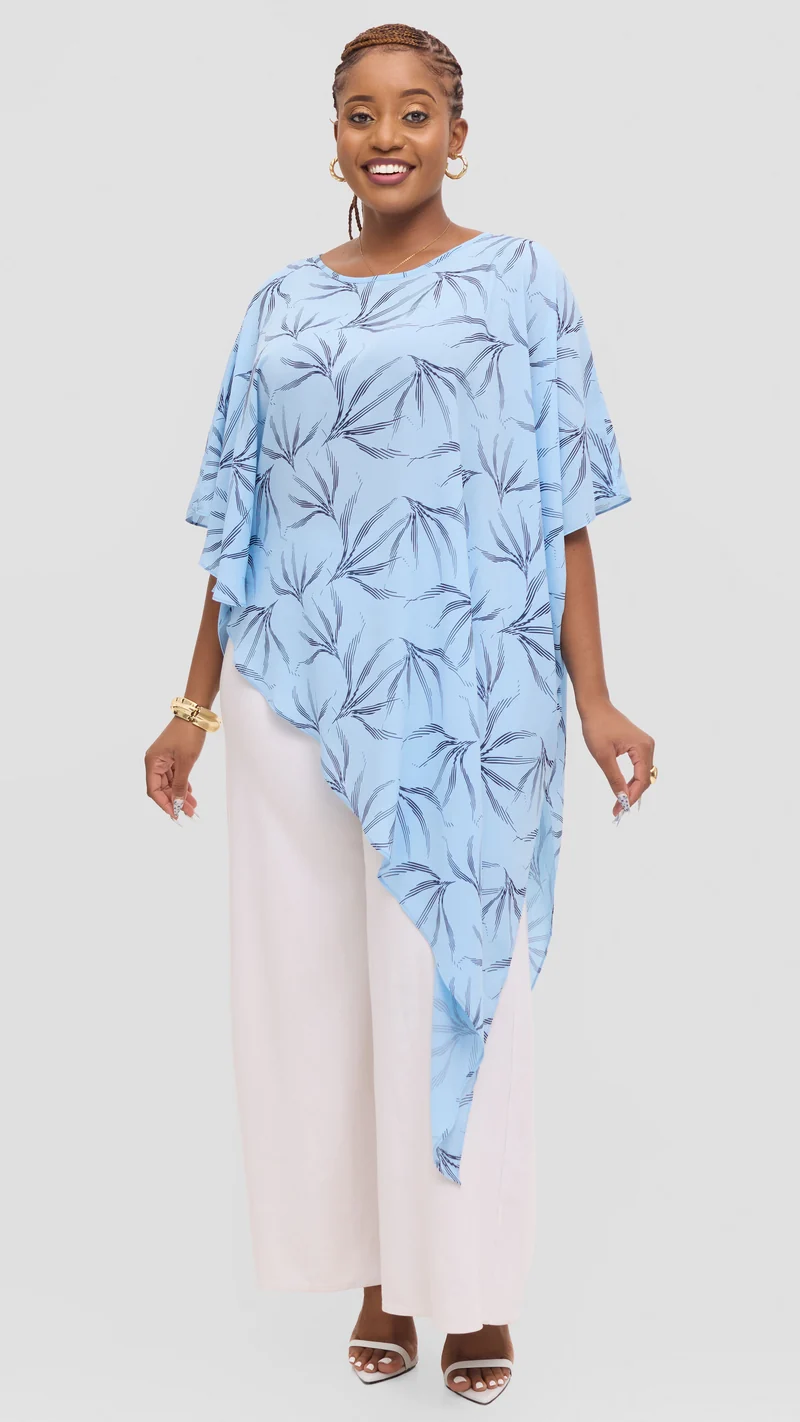 Vivo Amai Asymmetrical Cape Top in Chiffon - Light Blue / Navy iwa Print