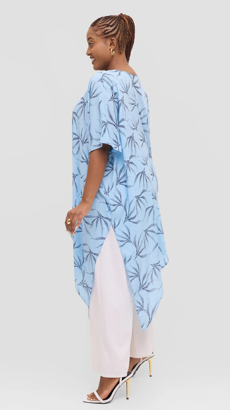 Vivo Amai Asymmetrical Cape Top in Chiffon - Light Blue / Navy iwa Print