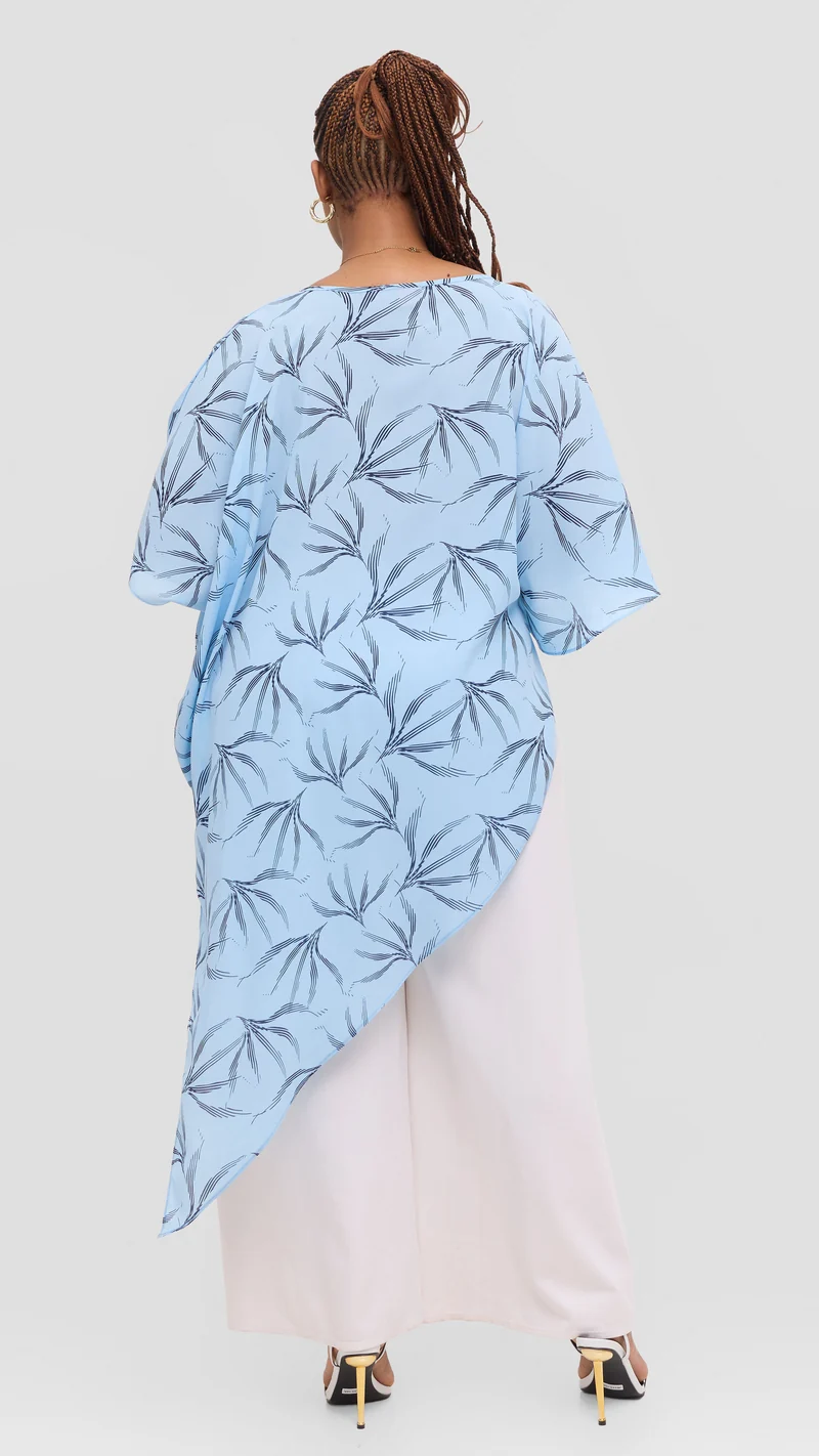 Vivo Amai Asymmetrical Cape Top in Chiffon - Light Blue / Navy iwa Print