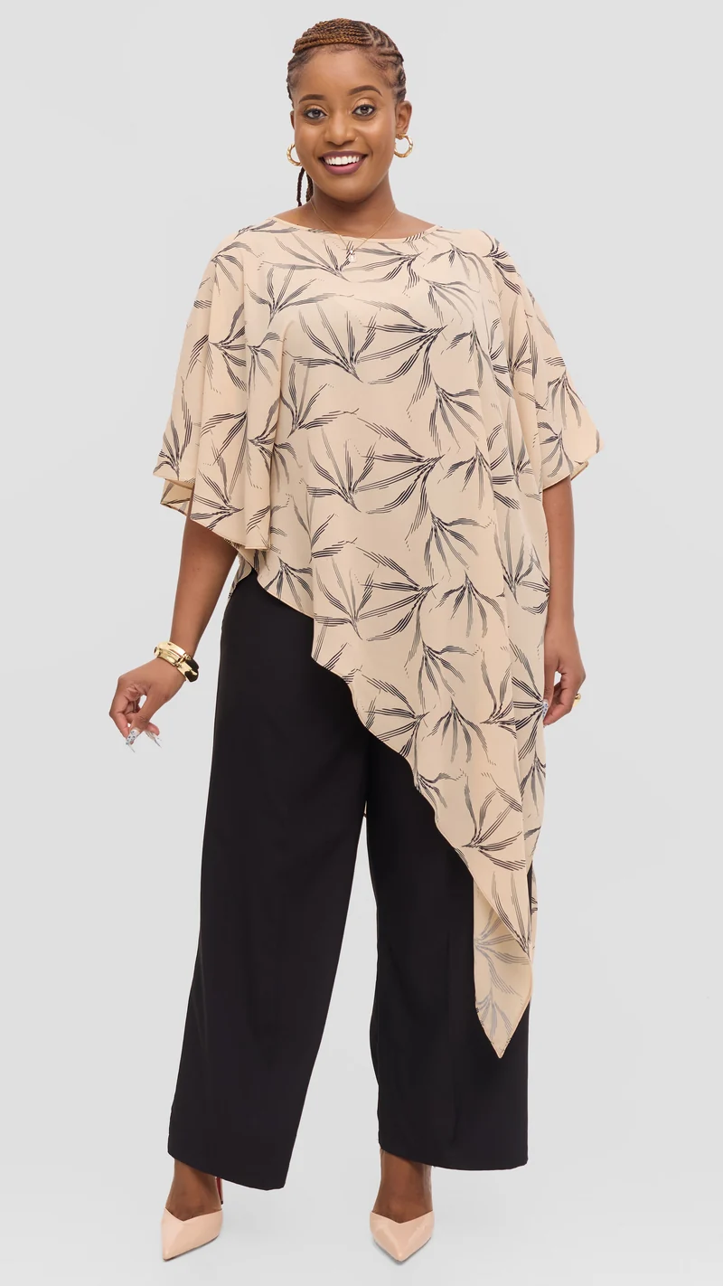 Vivo Amai Asymmetrical Cape Top in Chiffon - Beige / Black iwa Print