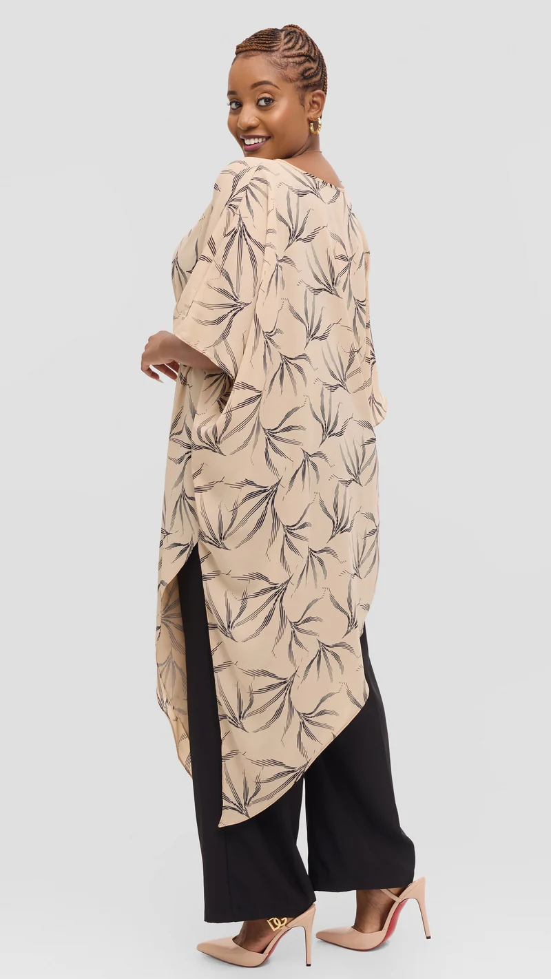 Vivo Amai Asymmetrical Cape Top in Chiffon - Beige / Black iwa Print