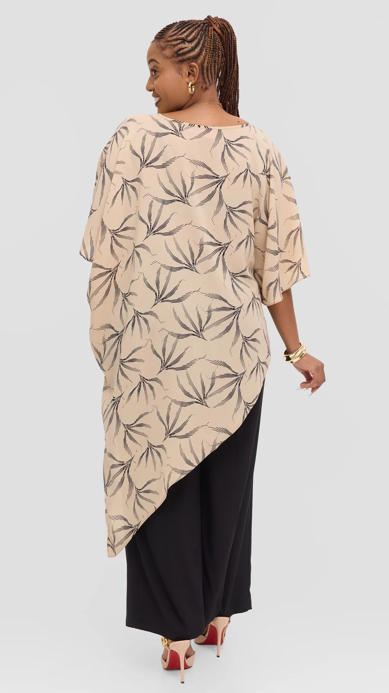 Vivo Amai Asymmetrical Cape Top in Chiffon - Beige / Black iwa Print