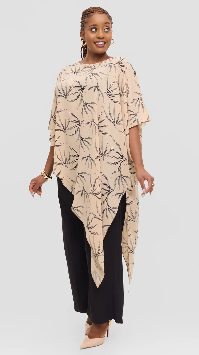 Vivo Amai Asymmetrical Cape Top in Chiffon - Beige / Black iwa Print