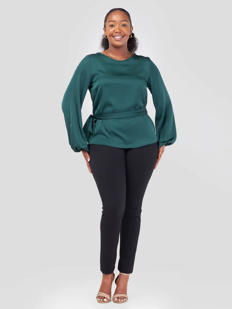 Vivo Basic Bishop Sleeve Top in Satin - Dark Green