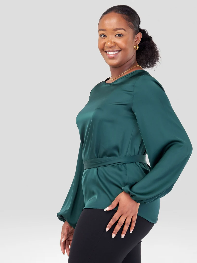 Vivo Basic Bishop Sleeve Top in Satin - Dark Green