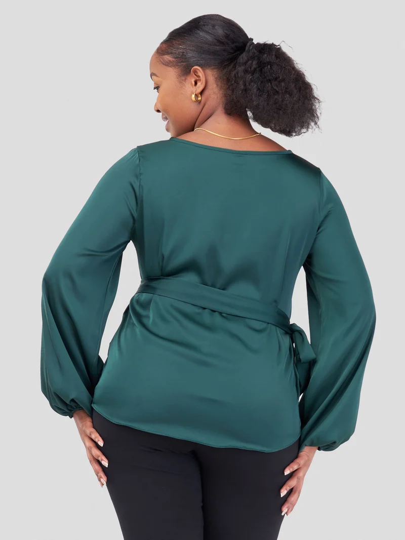 Vivo Basic Bishop Sleeve Top in Satin - Dark Green
