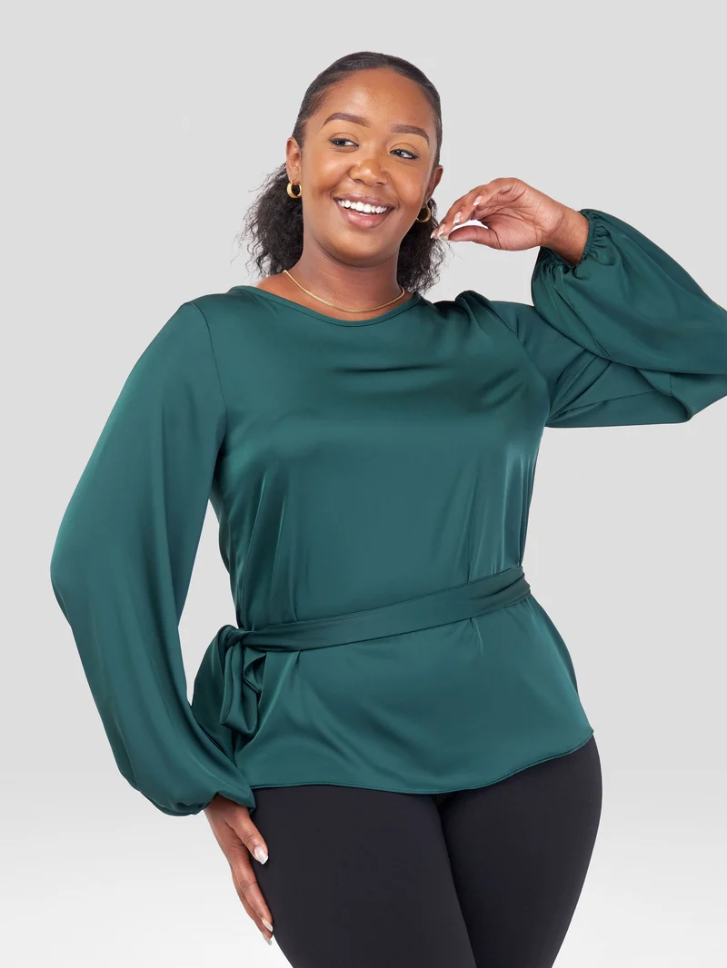 Vivo Basic Bishop Sleeve Top in Satin - Dark Green