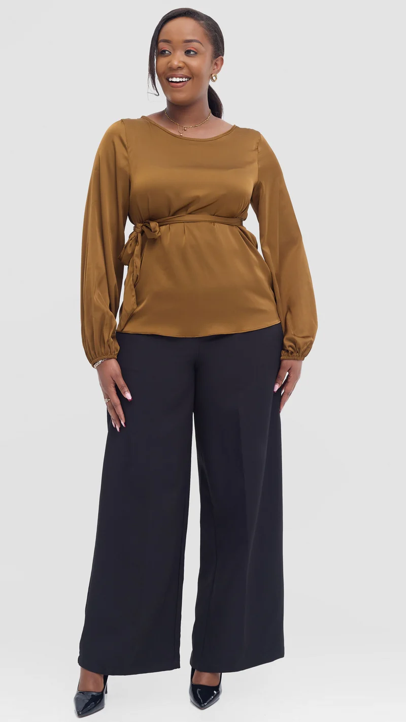 Vivo Basic Satin Bishop Sleeve Top - Dark Mustard