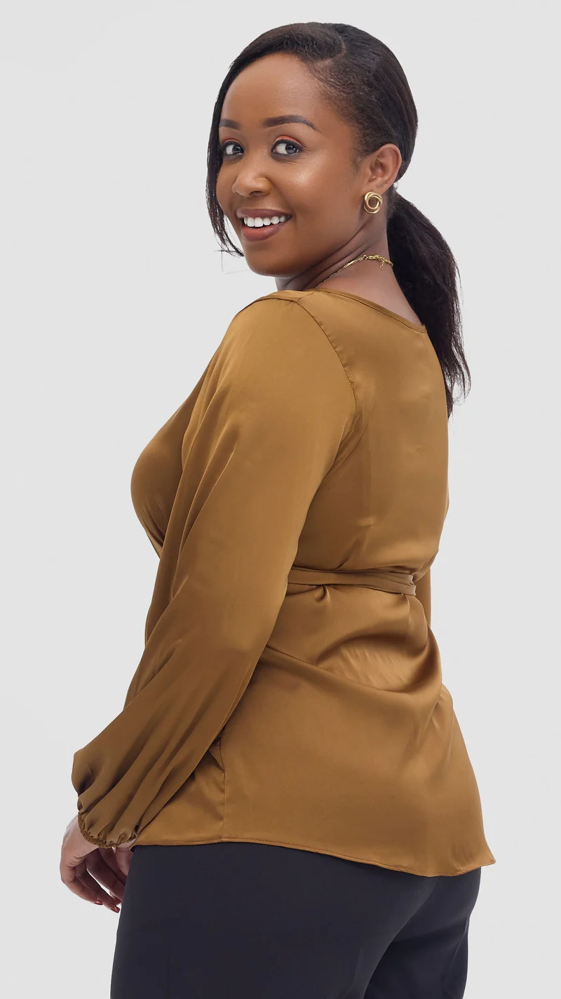 Vivo Basic Satin Bishop Sleeve Top - Dark Mustard