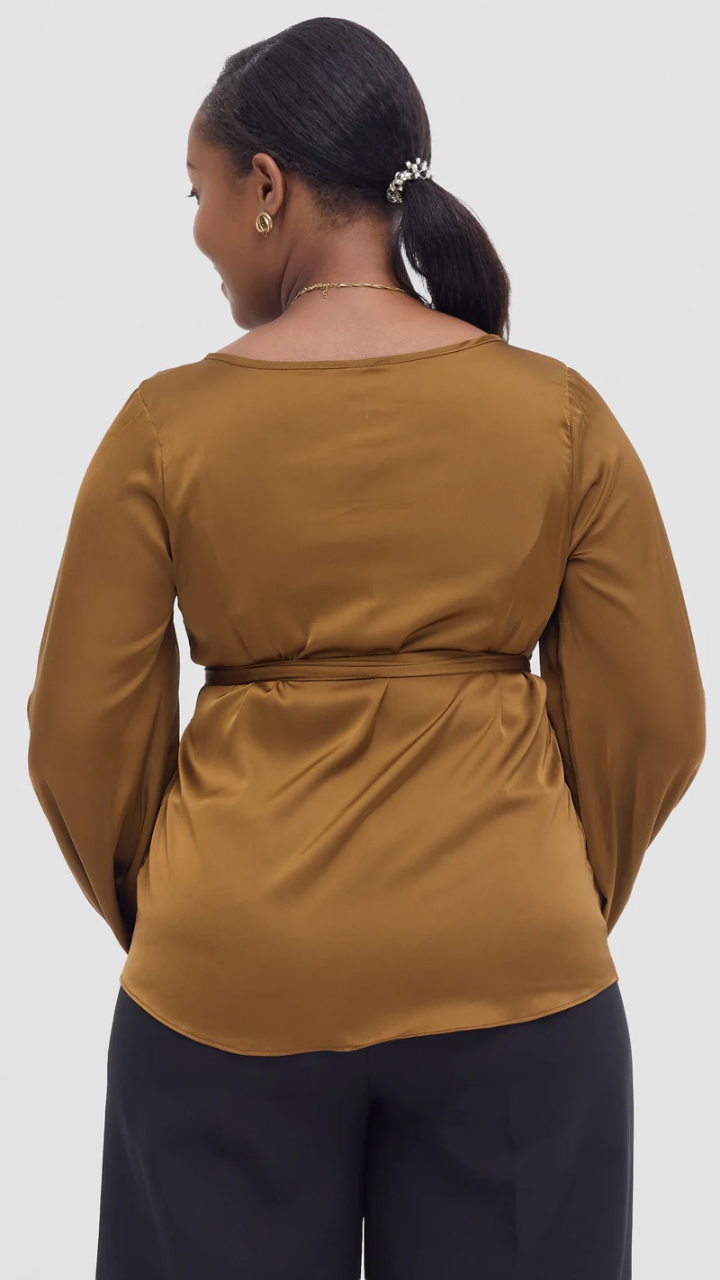 Vivo Basic Satin Bishop Sleeve Top - Dark Mustard