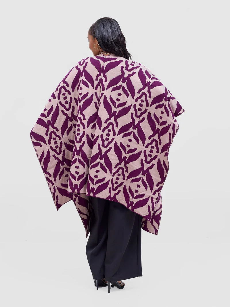 Vivo Reversible Poncho without Fringes - Plum / Champagne Ukwi Print
