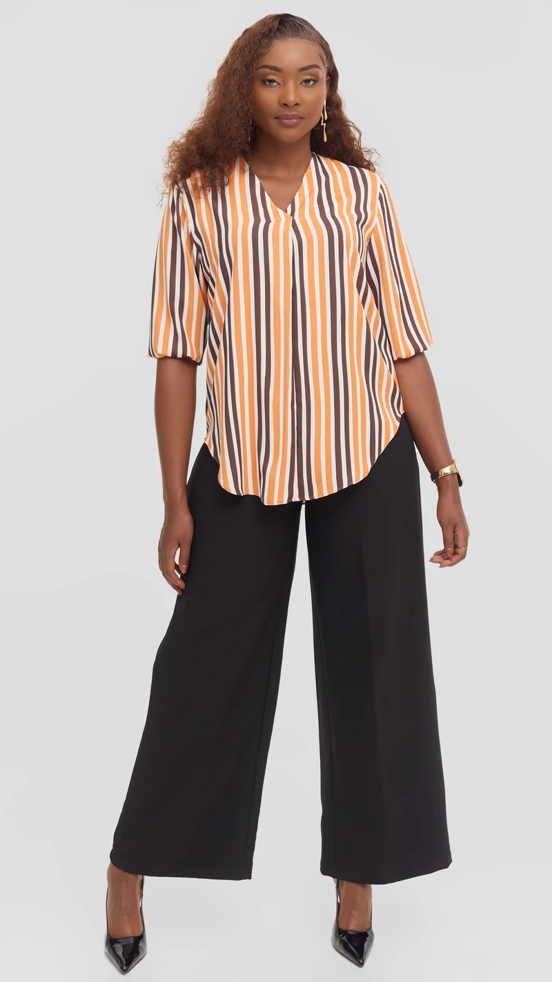 Vivo Dua 3/4 Sleeved V Neck Shirt in Crepe - Orange / Chocolate Yani Print