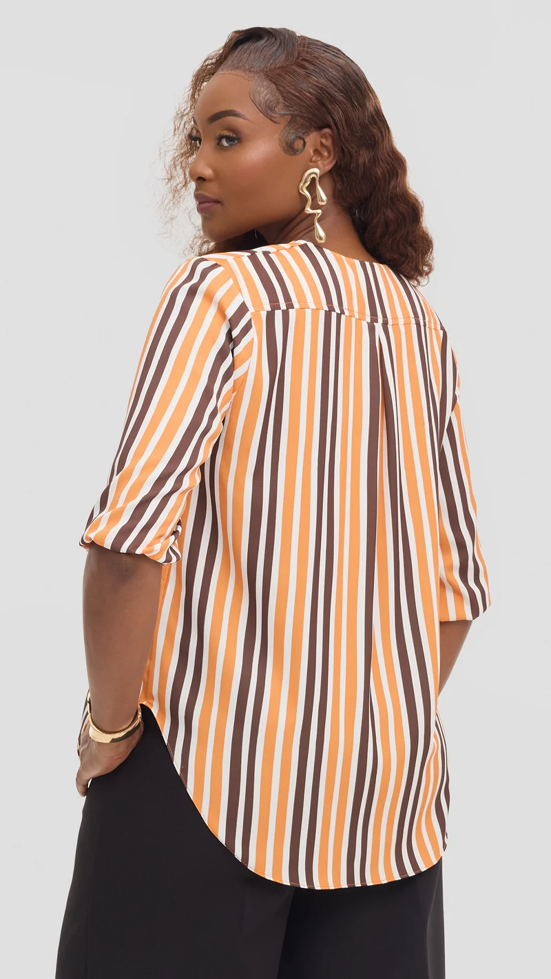 Vivo Dua 3/4 Sleeved V Neck Shirt in Crepe - Orange / Chocolate Yani Print