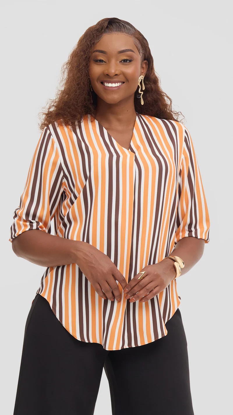Vivo Dua 3/4 Sleeved V Neck Shirt in Crepe - Orange / Chocolate Yani Print