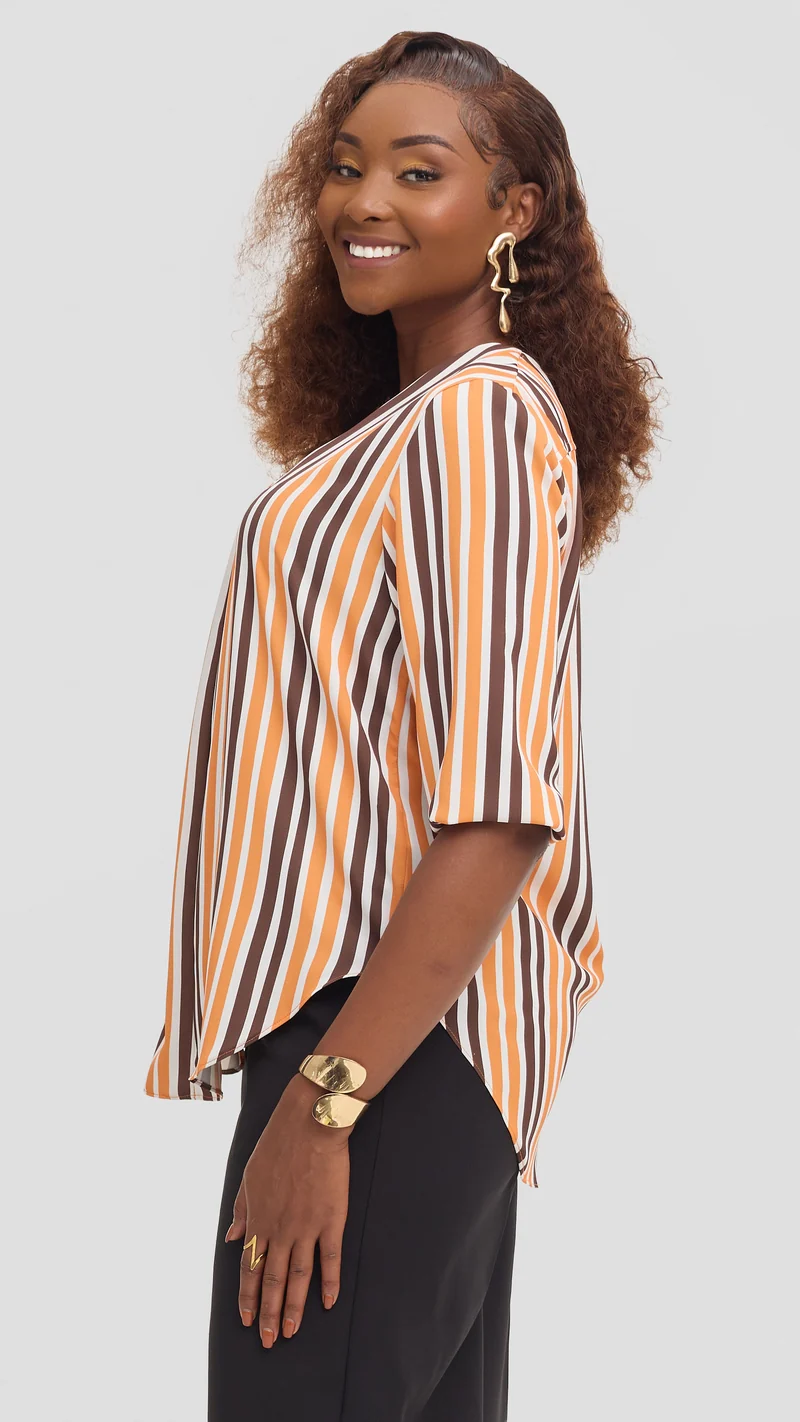 Vivo Dua 3/4 Sleeved V Neck Shirt in Crepe - Orange / Chocolate Yani Print