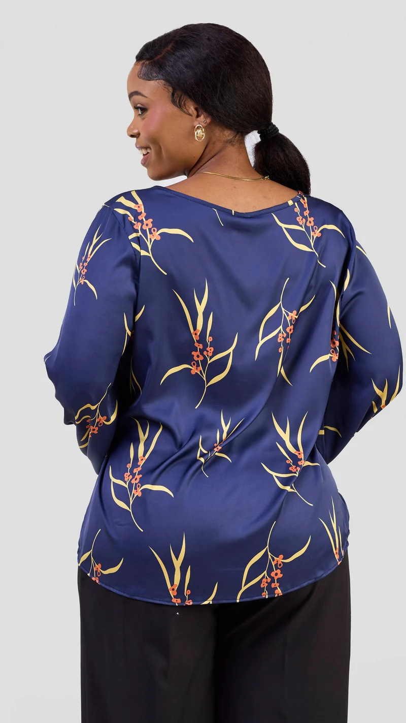 Vivo Tatili Long Sleeve Bishop Top - Navy / Yellow Kari Print