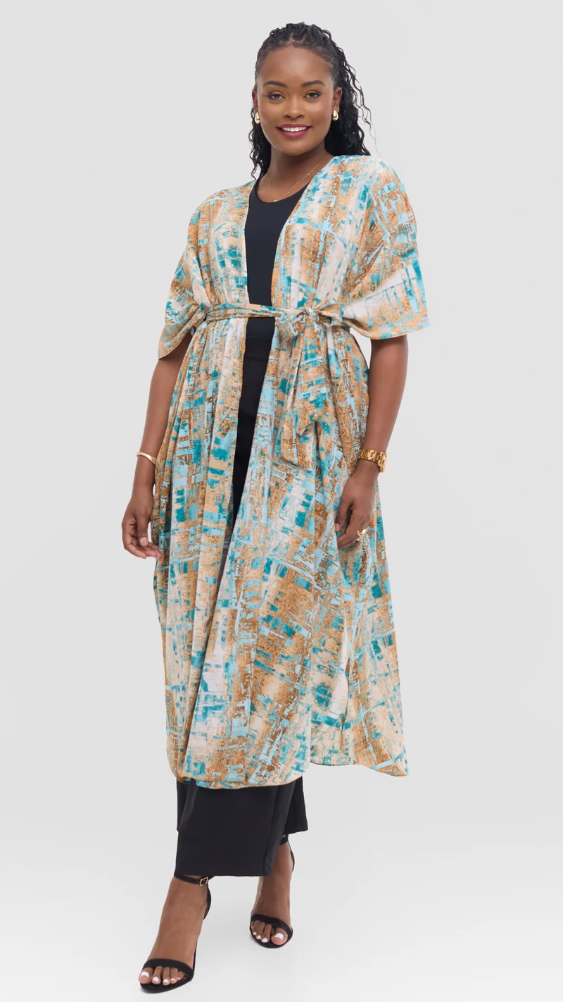 Vivo Scalloped Kimono in Crepe - Blue / Brown Print