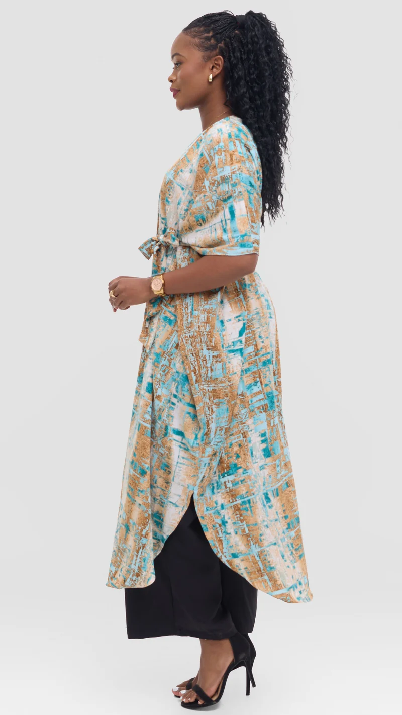 Vivo Scalloped Kimono in Crepe - Blue / Brown Print