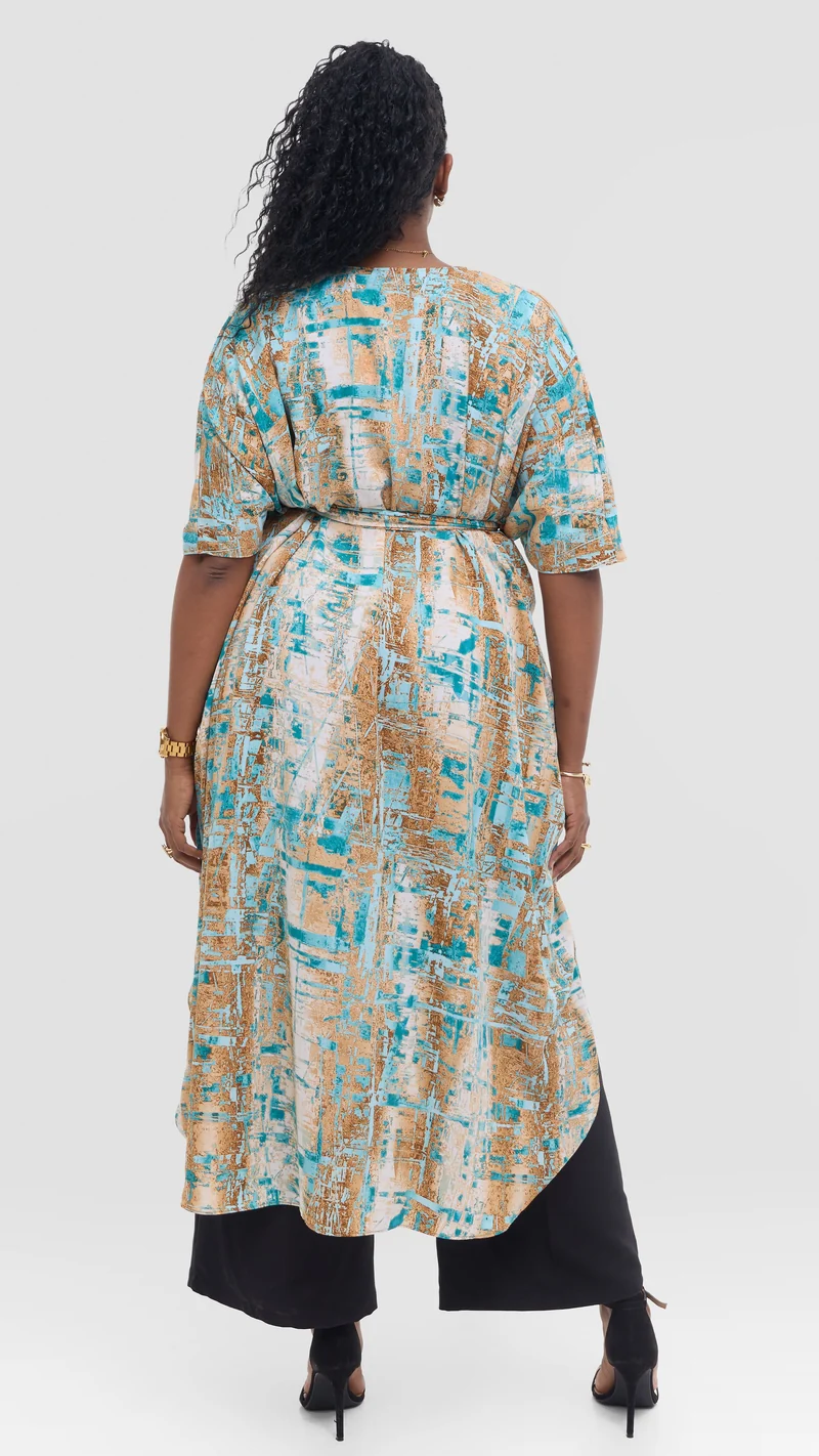 Vivo Scalloped Kimono in Crepe - Blue / Brown Print