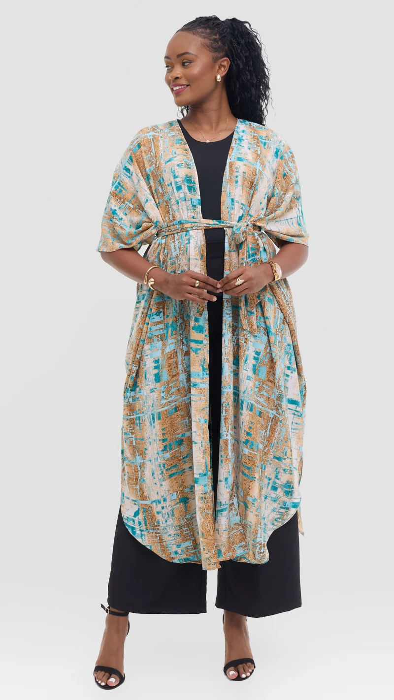 Vivo Scalloped Kimono in Crepe - Blue / Brown Print