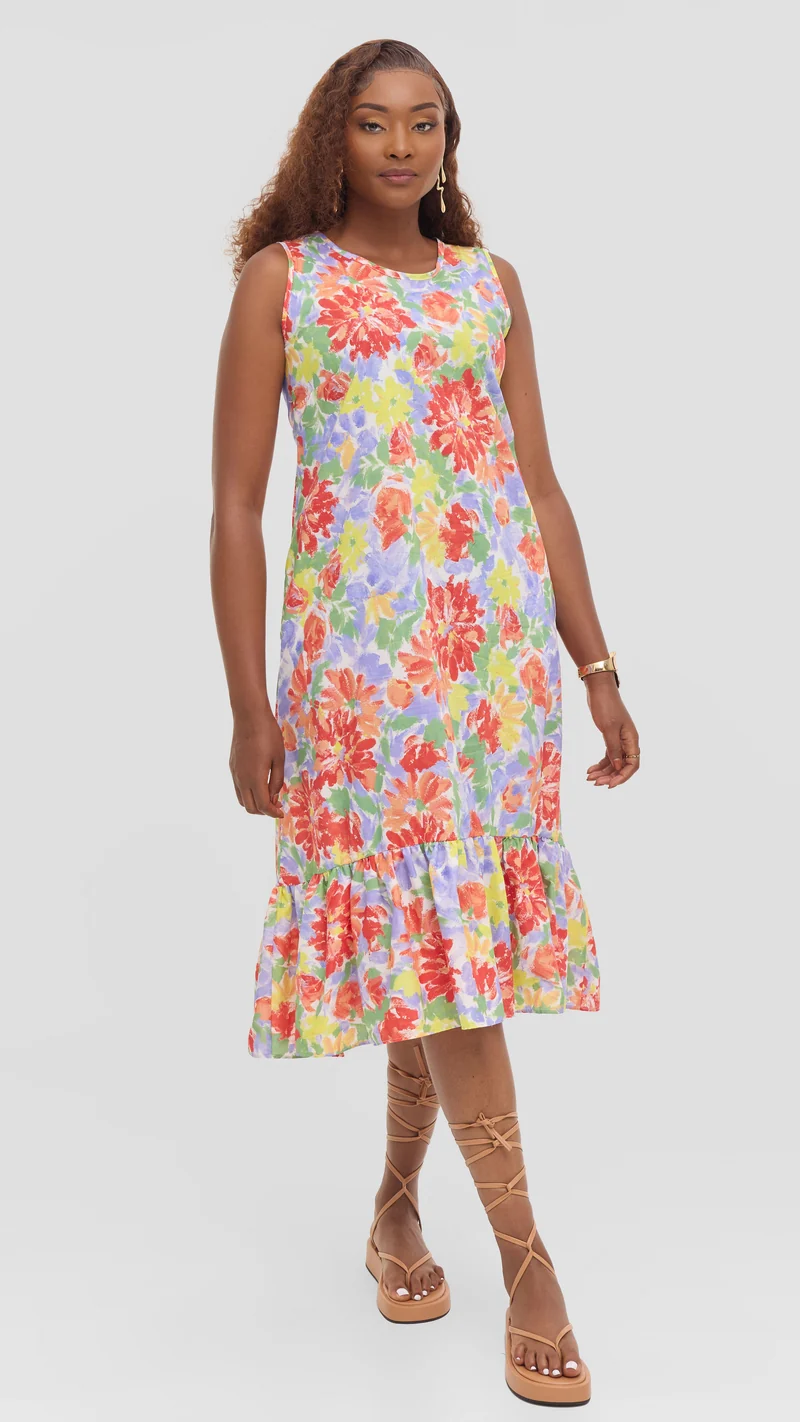 Vivo Dalia Sleeveless Tie Midi Dress in Print Cotton - Mint Multicolor Print
