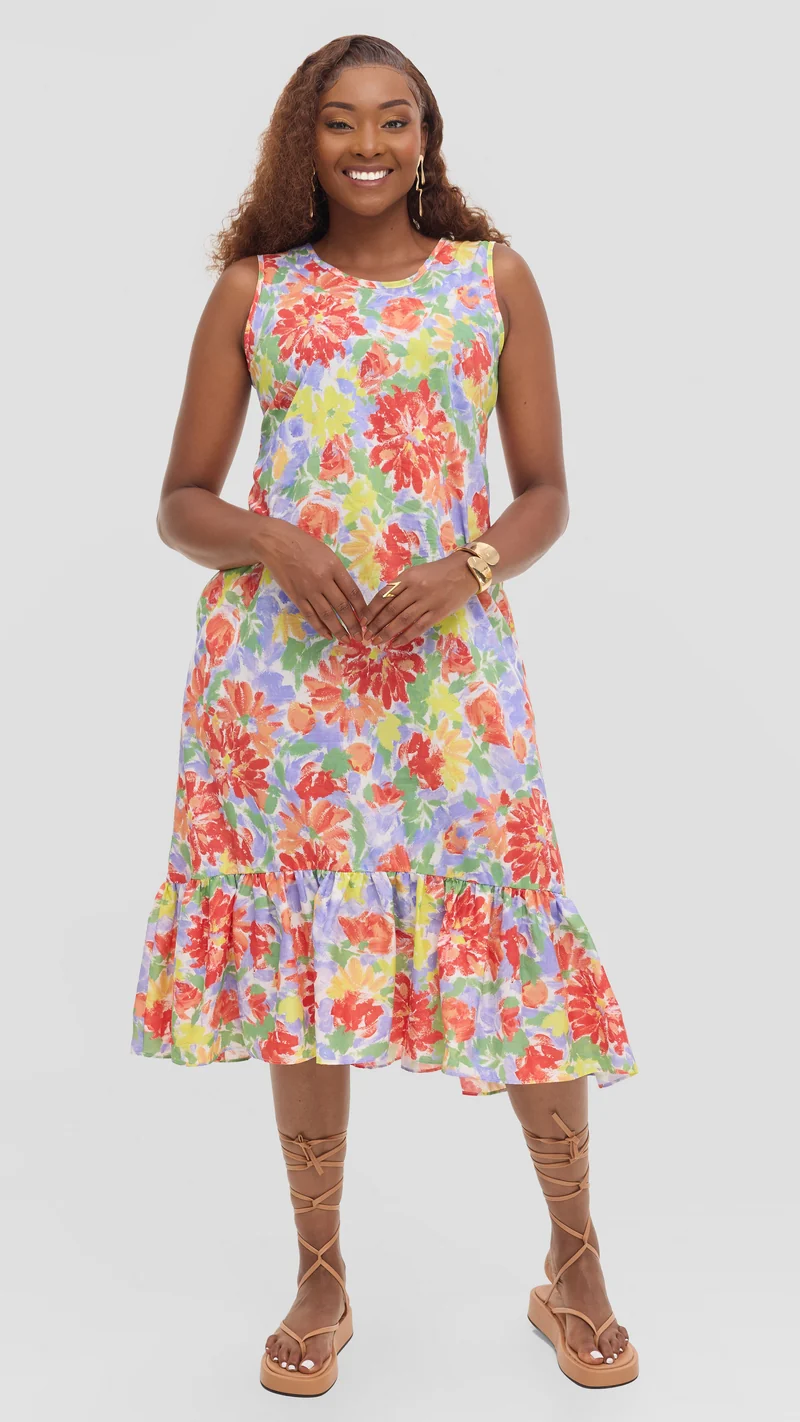 Vivo Dalia Sleeveless Tie Midi Dress in Print Cotton - Mint Multicolor Print