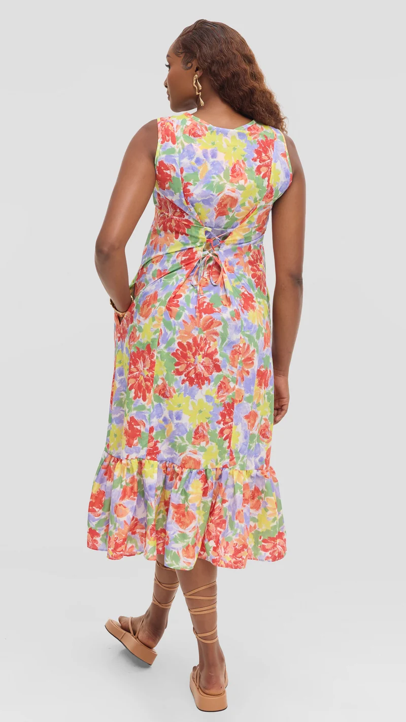 Vivo Dalia Sleeveless Tie Midi Dress in Print Cotton - Mint Multicolor Print