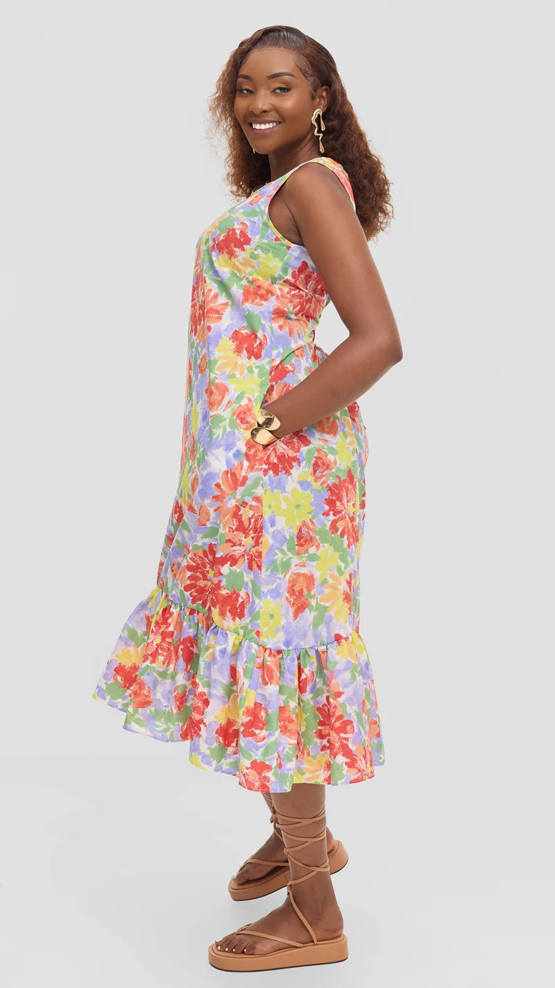 Vivo Dalia Sleeveless Tie Midi Dress in Print Cotton - Mint Multicolor Print