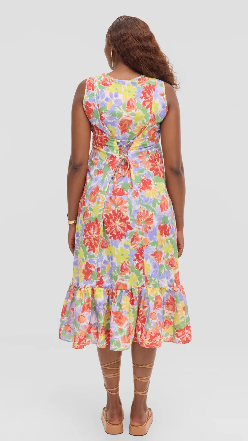 Vivo Dalia Sleeveless Tie Midi Dress in Print Cotton - Mint Multicolor Print