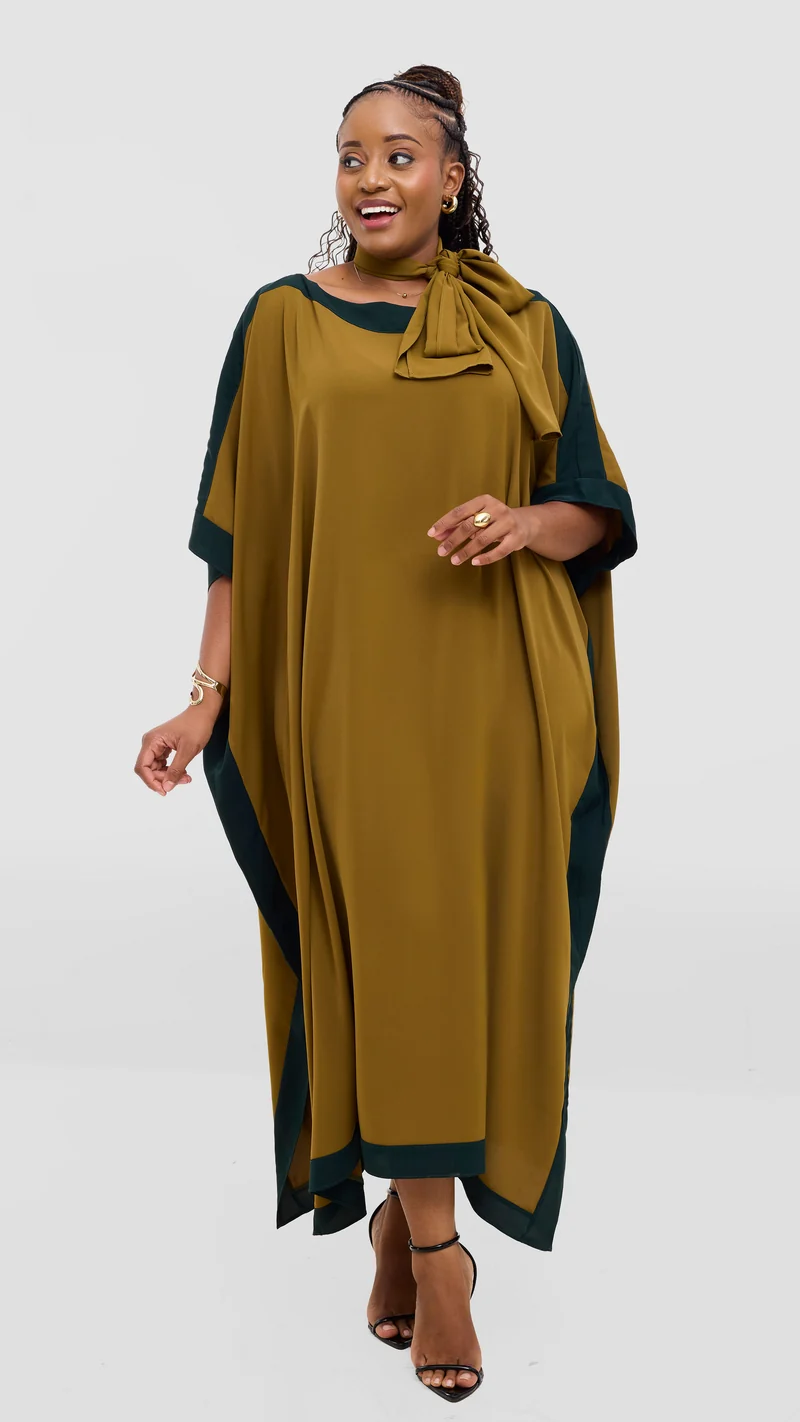 Vivo Liora Kaftan Border Maxi Dress in Crepe - Olive