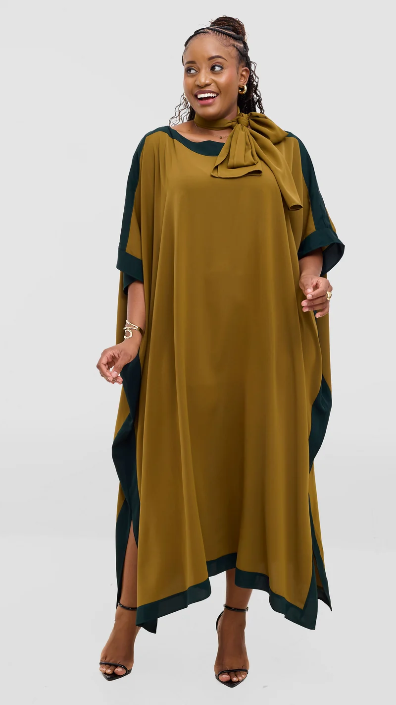 Vivo Liora Kaftan Border Maxi Dress in Crepe - Olive