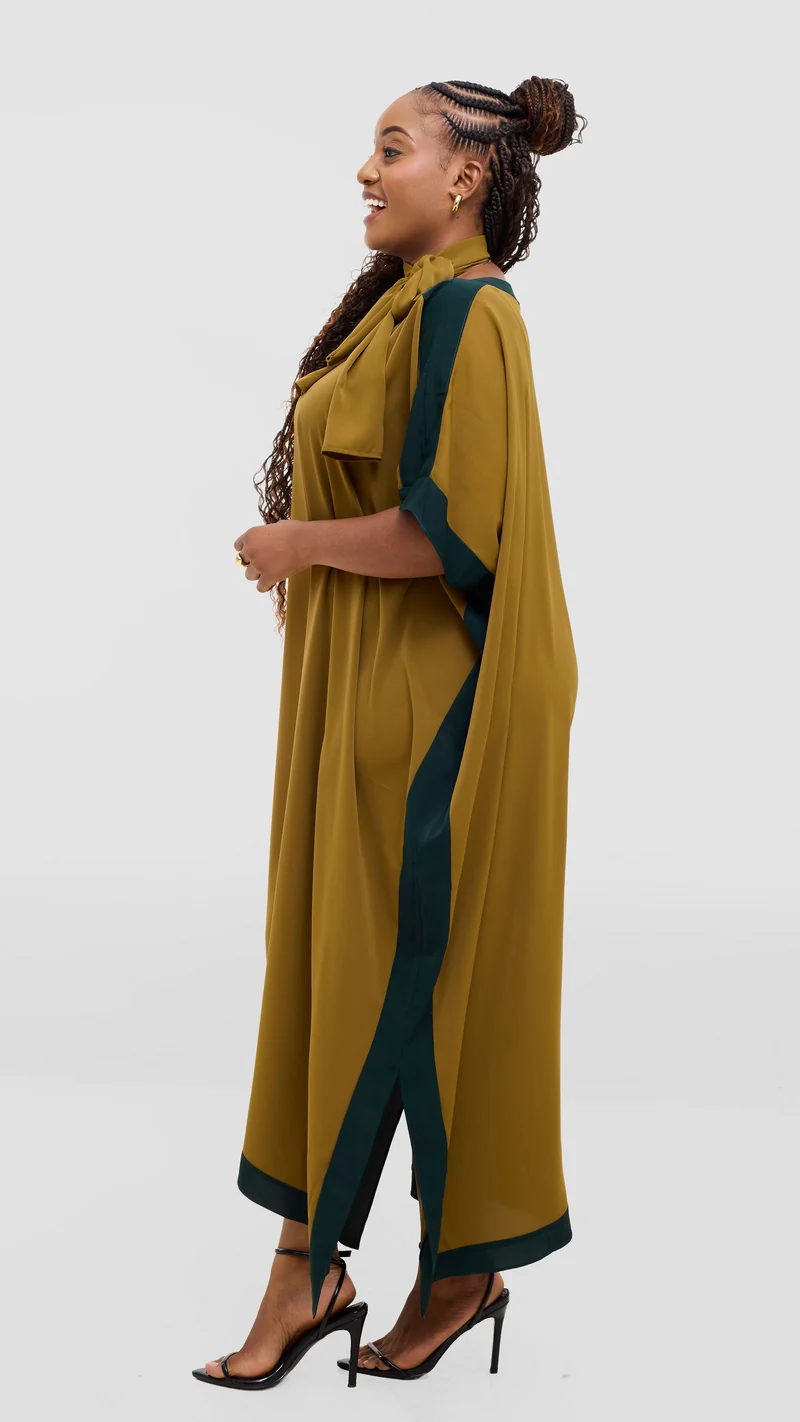 Vivo Liora Kaftan Border Maxi Dress in Crepe - Olive