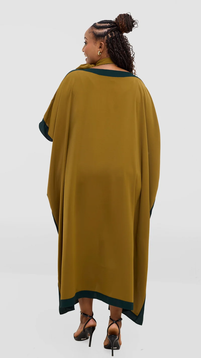 Vivo Liora Kaftan Border Maxi Dress in Crepe - Olive