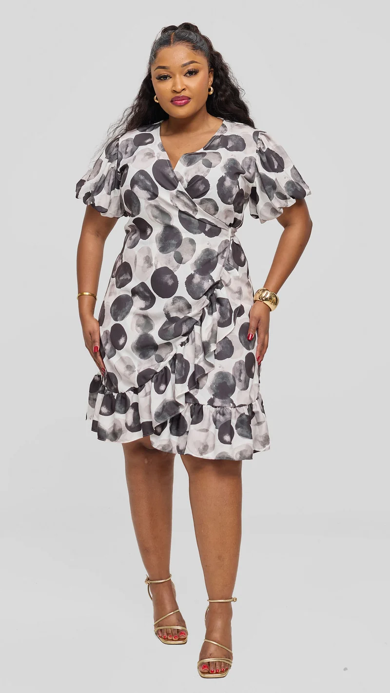 Vivo Hadiya Wrap Dress - White / Black Tal Print