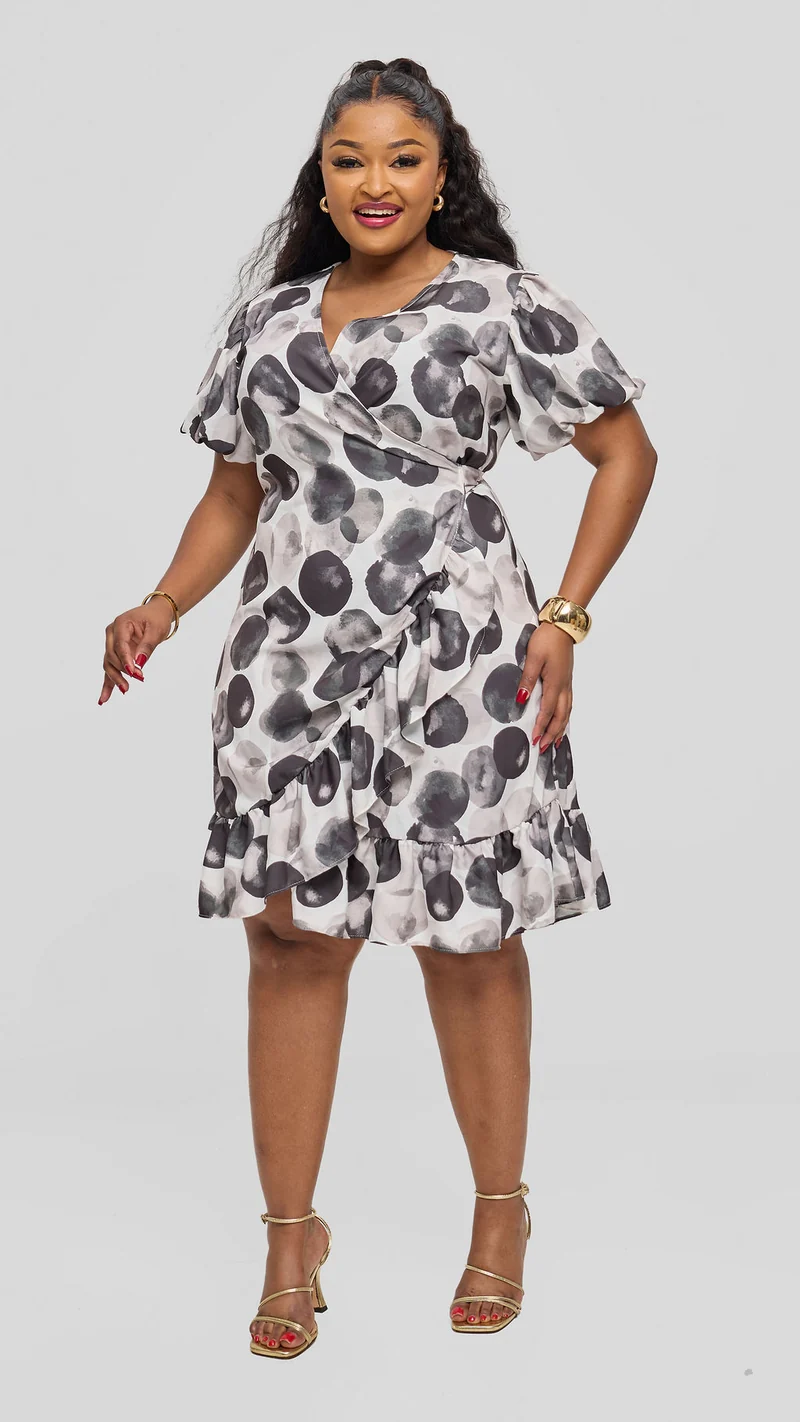 Vivo Hadiya Wrap Dress - White / Black Tal Print