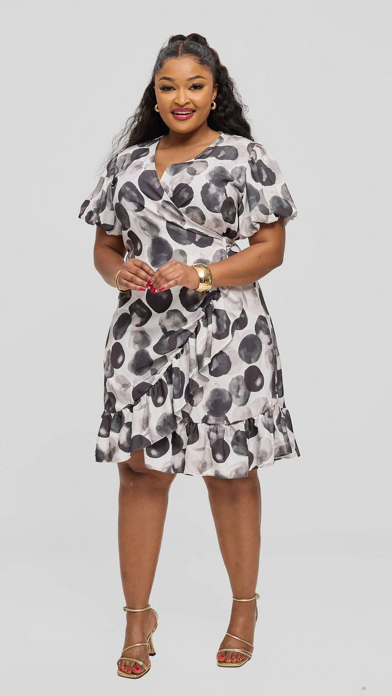 Vivo Hadiya Wrap Dress - White / Black Tal Print