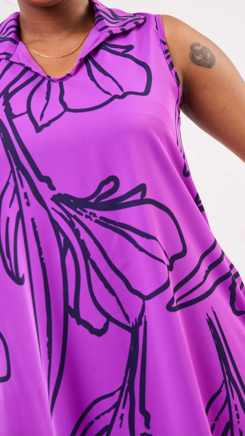 Vivo Asha Sleeveless Knee Length Dress - Purple / Navy Nola Print