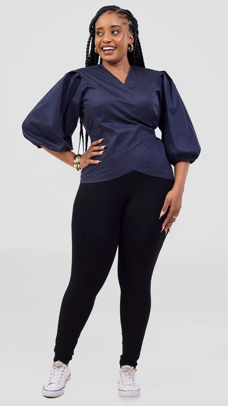 Vivo 3/4 Sleeve Wrap Top in Cotton - Navy Blue