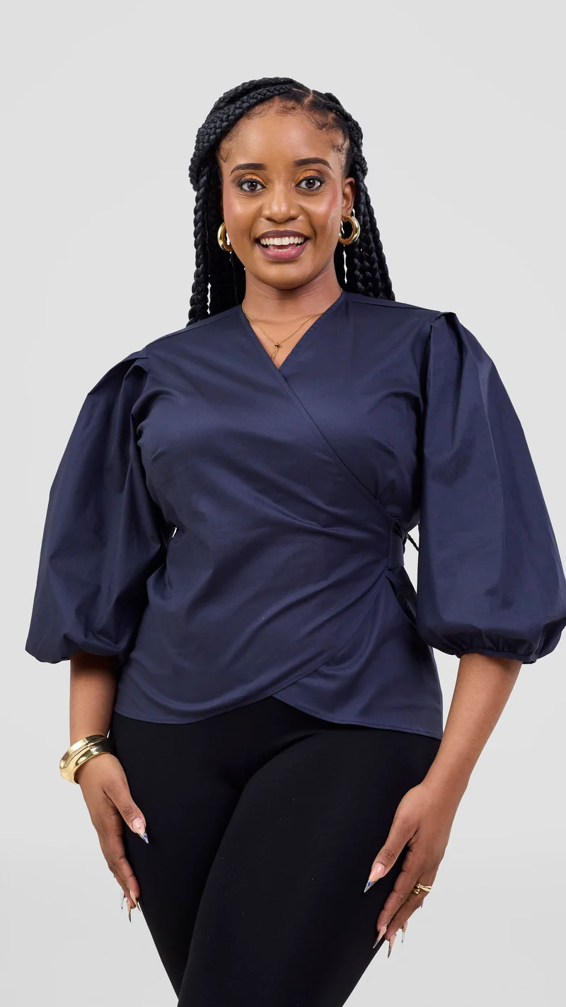 Vivo 3/4 Sleeve Wrap Top in Cotton - Navy Blue